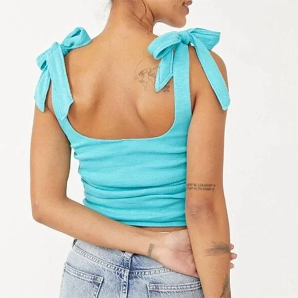 Free People Boulevard Bow Tie Strap Ruched Sides Cotton Rib Tank Top Aqua Size L - Picture 1 of 9